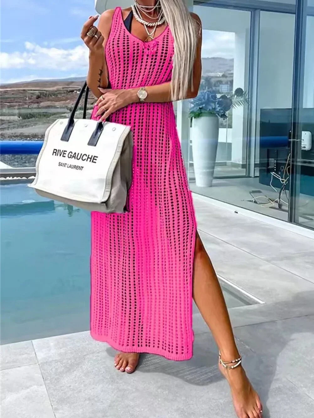 Pink Openwork Slit Cutout Wide Strap Dress